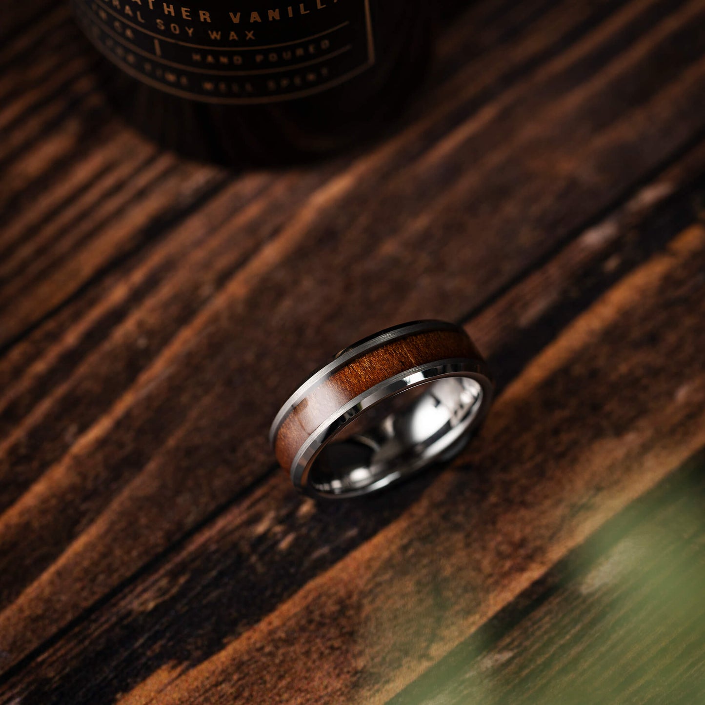 Burlwood Silver Single Barrel Beveled Ring