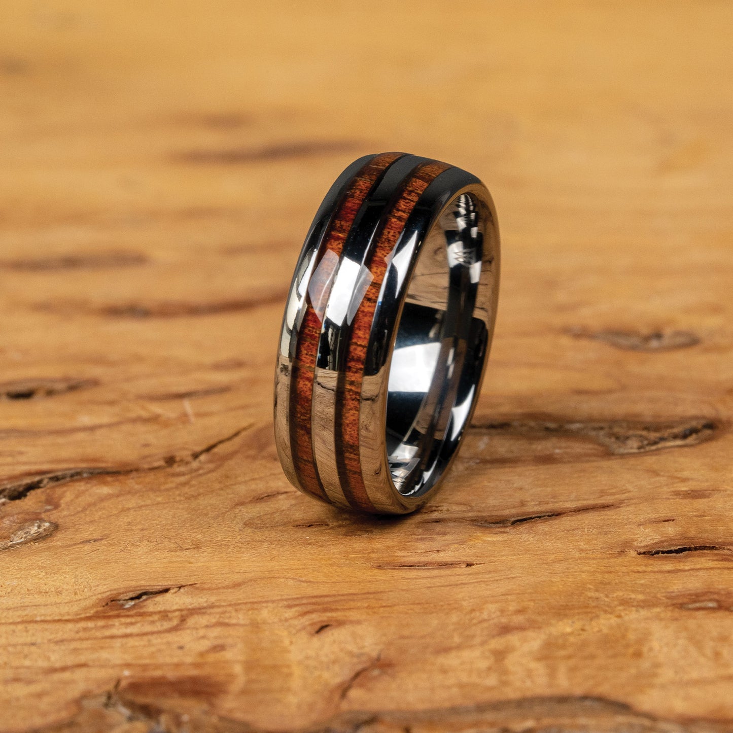 Hawaiian Koa Silver Double Barrel Ring