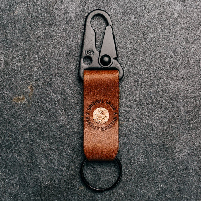 Original Grain x Bradley Mountain Brown Leather Key Fob on Grey Slate