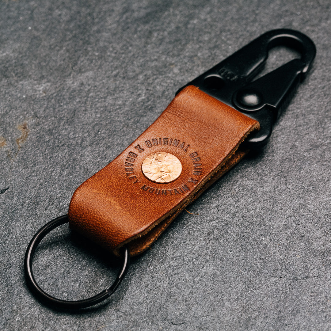 Side view of Original Grain x Bradley Mountain Leather Key Fob