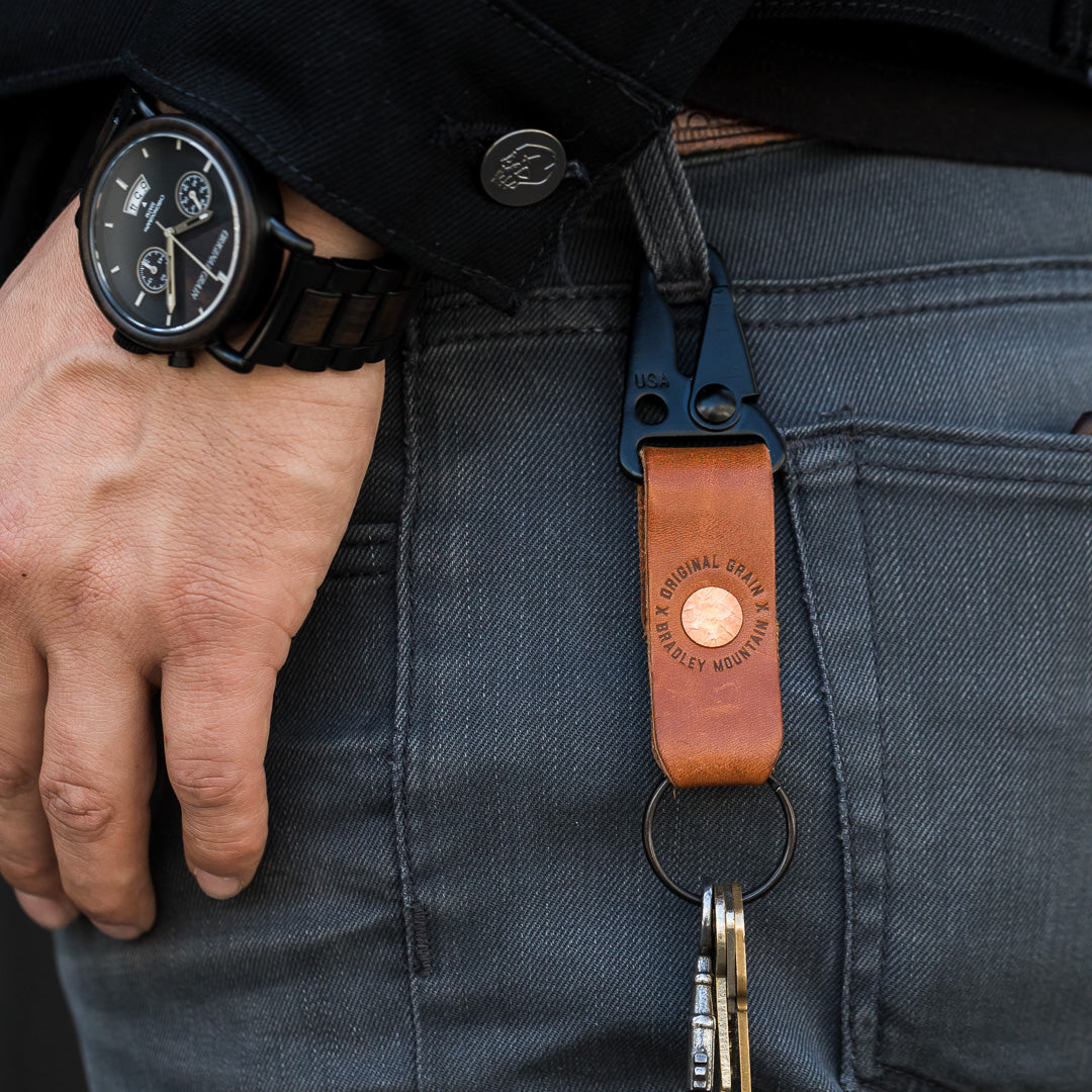 Original Grain x Bradley Mountain Brown Leather Key Fob on Belt Loop