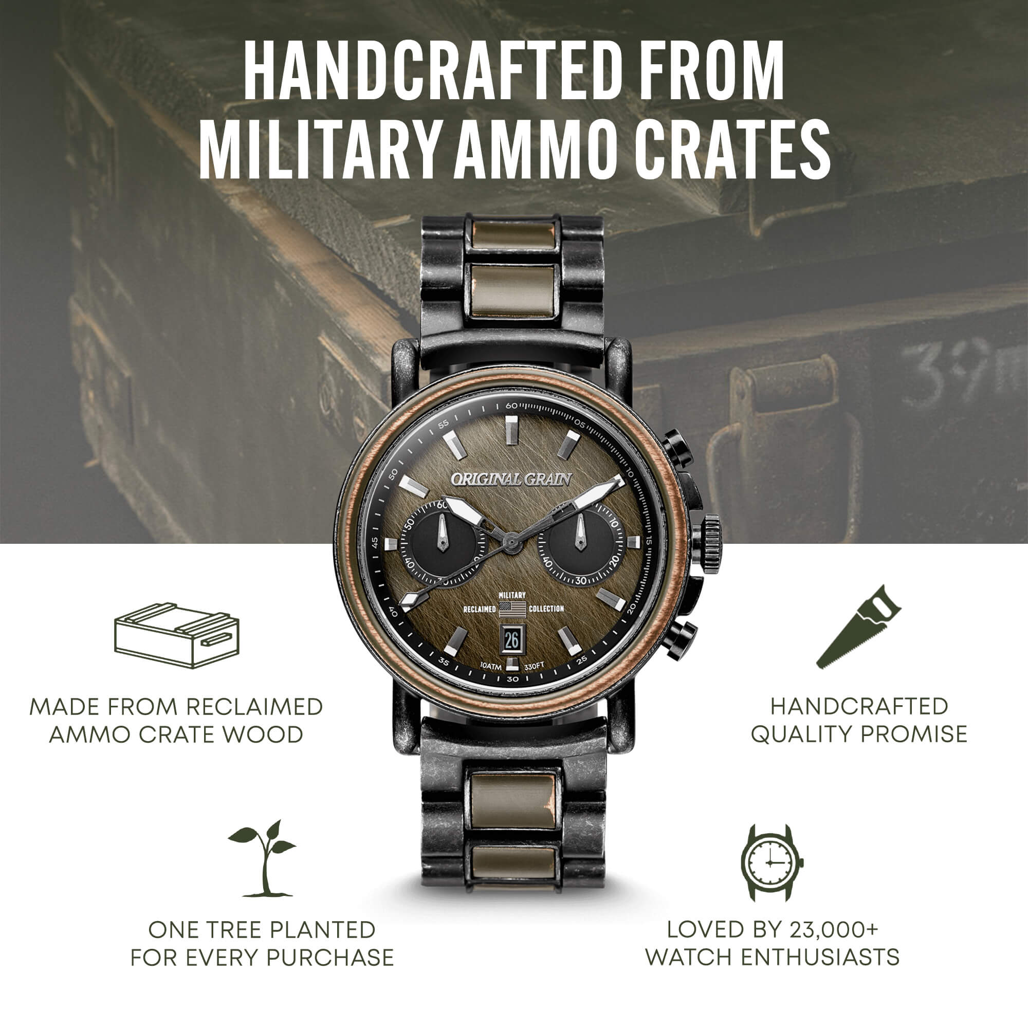 Mens Original Grain Military Stonewashed Steel Chrono 44mm Watch