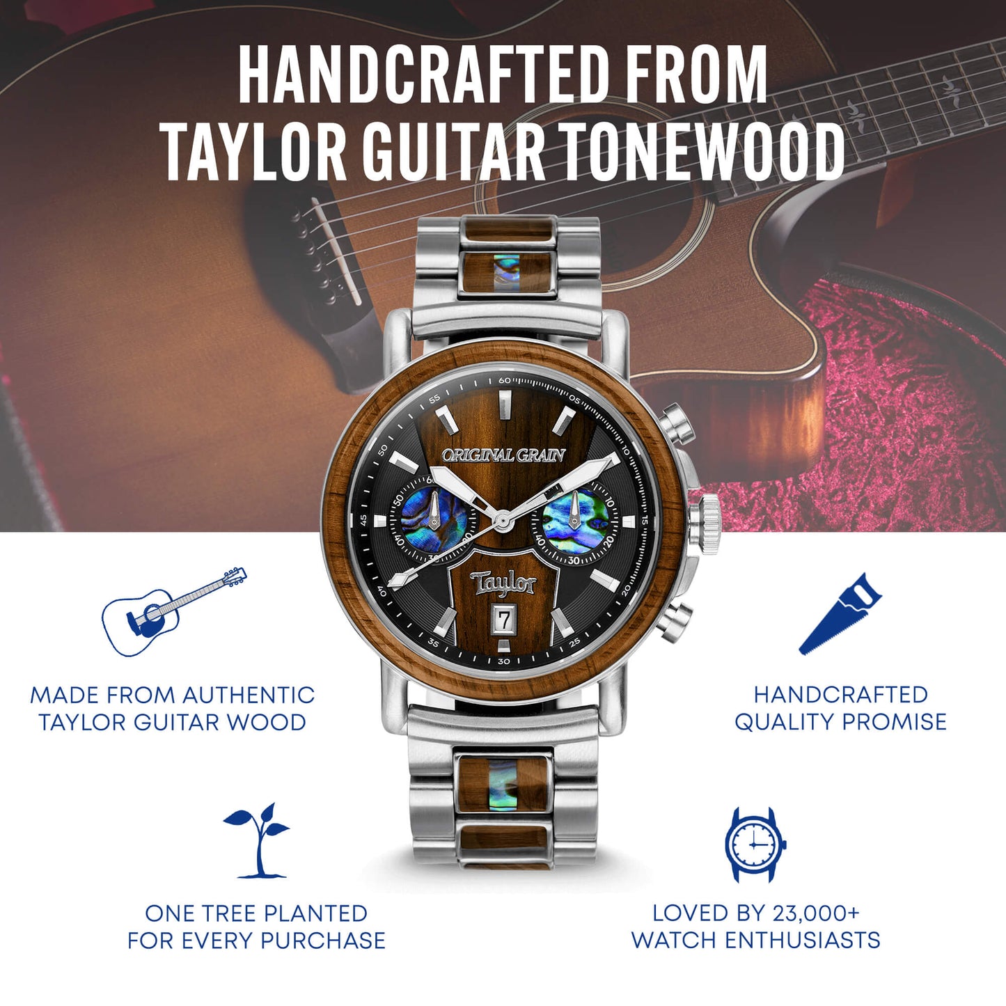 Limited Edition Cameroon Ebony Taylor Guitar Stainless Steel Chrono 44mm