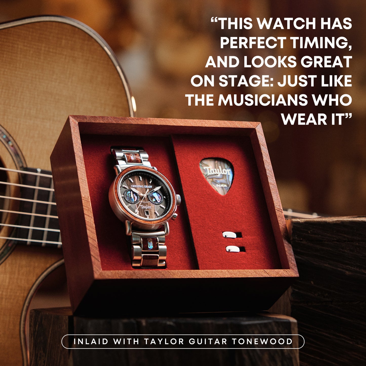Limited Edition Cameroon Ebony Taylor Guitar Stainless Steel Chrono 44mm