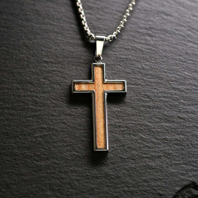 Double Cut-Out Olive Wood Cross Pendant with Necklace