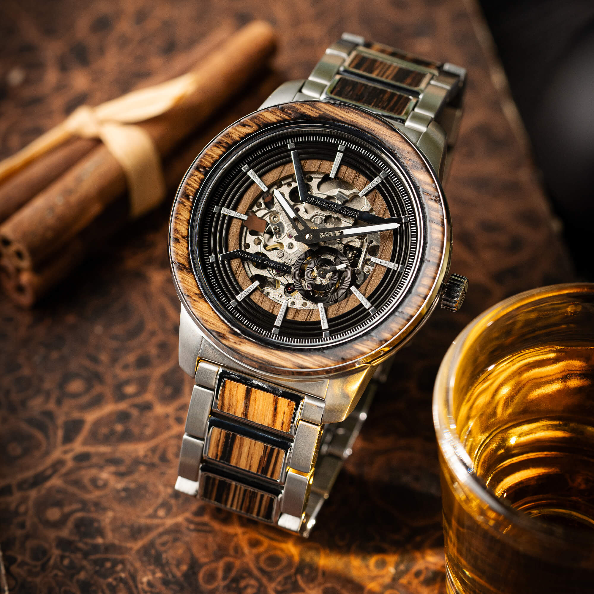 Charred Whiskey Silver Barrel Automatic 46mm Original Grain