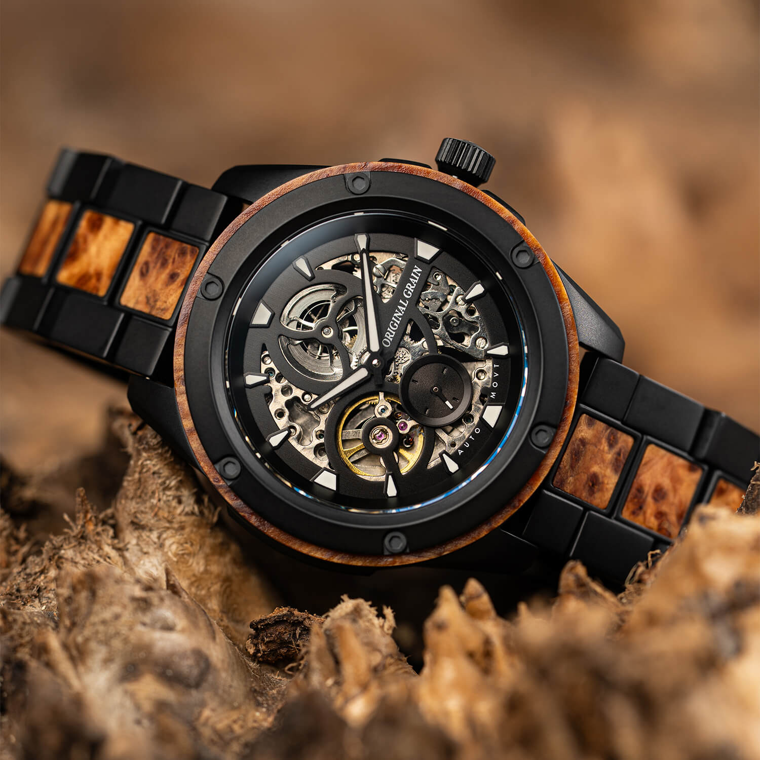 Burlwood Black Rugged Auto 44mm – Original Grain