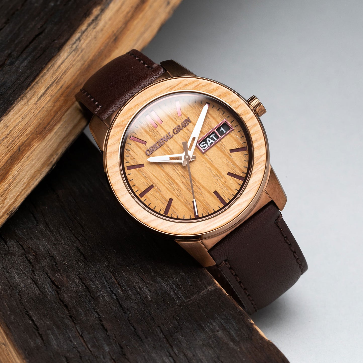 Whiskey Espresso Leather Barrel 42mm front of watch with brown leather strap by Original Grain
