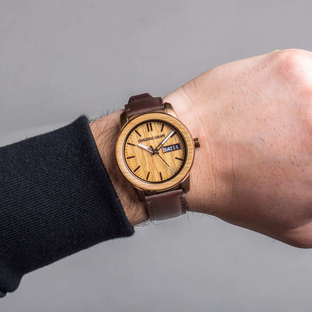 Whiskey Espresso Leather Barrel 42mm on man's wrist by Original Grain