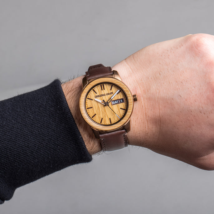 Whiskey Espresso Leather Barrel 42mm on man's wrist by Original Grain