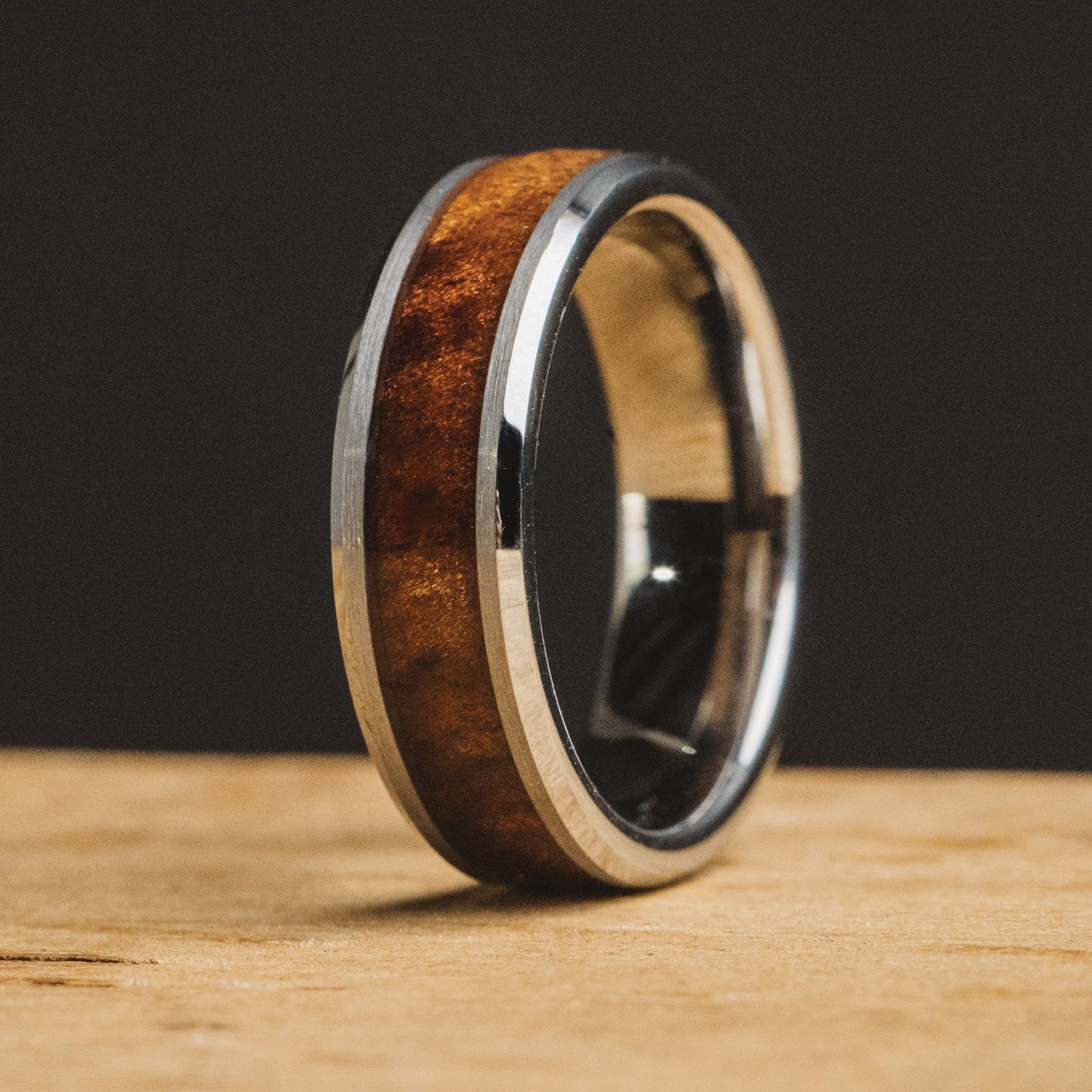 Burlwood Silver Single Barrel Beveled Ring