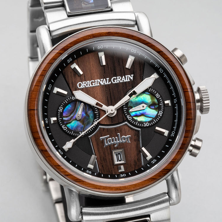 Limited edition Cameroon Ebony Taylor Guitars Stainless Steel Chrono 44mm watch face by Original Grain