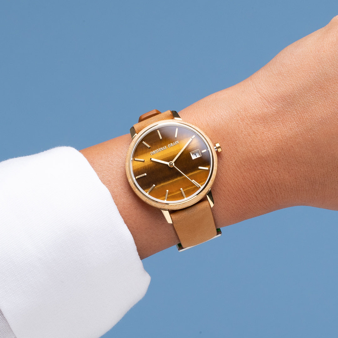 Bambus-Gold-Tigerauge für Damen, modern, minimal, 36 mm