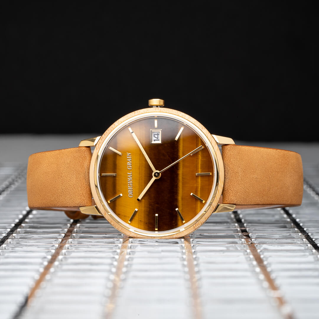 Bambus-Gold-Tigerauge für Damen, modern, minimal, 36 mm