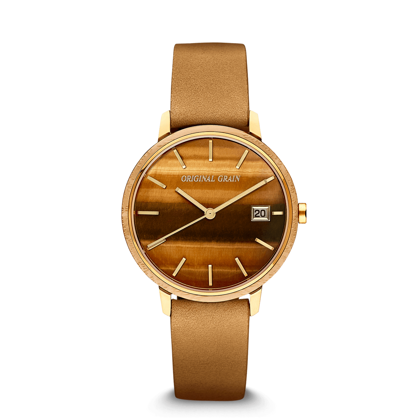 Bambus-Gold-Tigerauge für Damen, modern, minimal, 36 mm