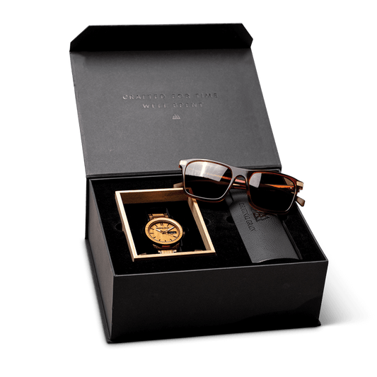Whiskyfass 42 mm + Geschenkset mit Sonnenbrille in Whiskybraun