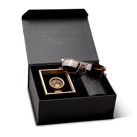 Whiskyfass 46 mm + Geschenkset mit Sonnenbrille in Whiskybraun