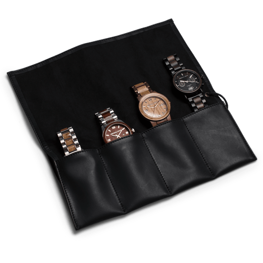 Black Leather Watch Roll with 4 watches