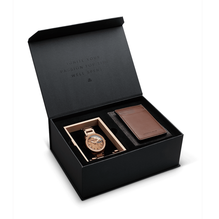 Whisky Espresso Barrel Caja de regalo negra de 42 mm + billetera de cuero marrón de Original Grain